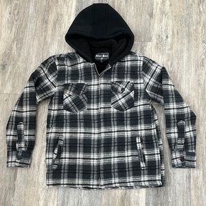 Fuzzy zip-up plaid hooded sweatshirt